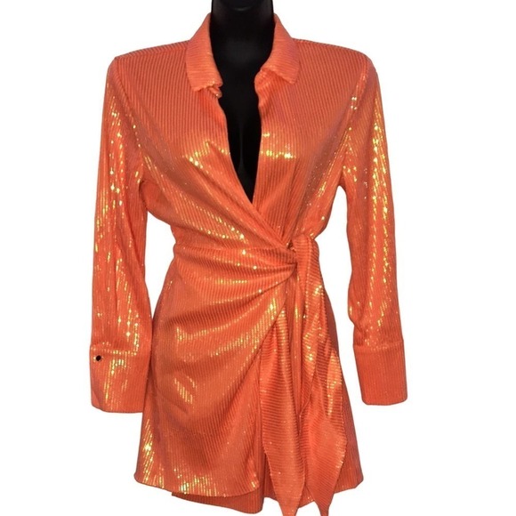 NWT House if Harlow 1960 Orange Sequin wrap Mini Dress size M - Picture 1 of 3
